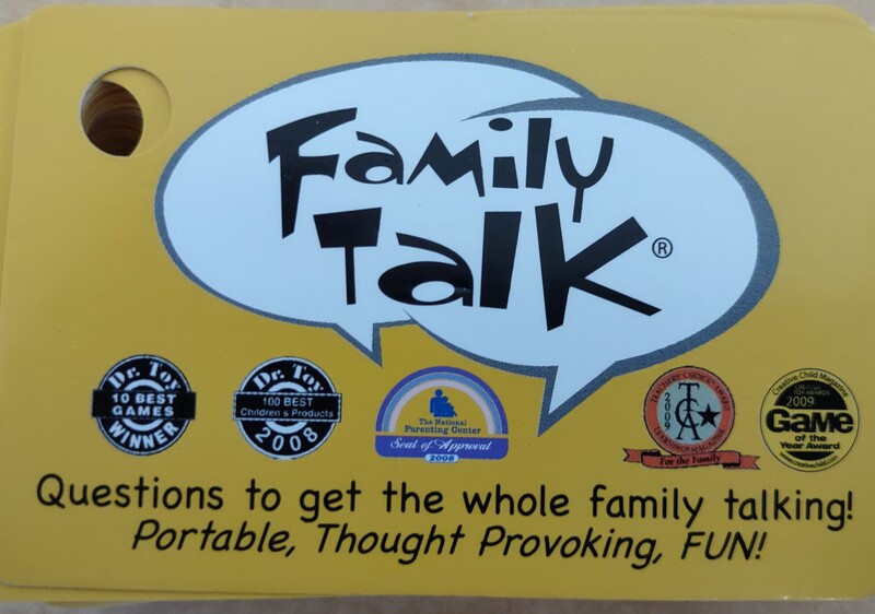 Family Talk Meaningful Conversation Starters and Car Travel Game.  The winner of the Dr. Toy Top 10 Games, iParenting Media, National Parenting Center Seal of Approval, and Learning Magazine’s Teachers Choice award, Family Talk is the game for you! Family talk is a creative and engaging game that allows for hilarious conversations and discussion to spark with every question in just a matter of seconds! Featuring 100 thought provoking and hilarious questions; Family talk offers wild circumstances to encourage imagination and gives an opportunity to peek into the minds of your family. Whether you are at the table waiting for food at a restaurant, sunbathing at a park, or taking a road trip, Family Talk is just the thing to get everyone involved. Play time 5 minutes +. Recommended for ages 3 years old and above. Replacement value: $10