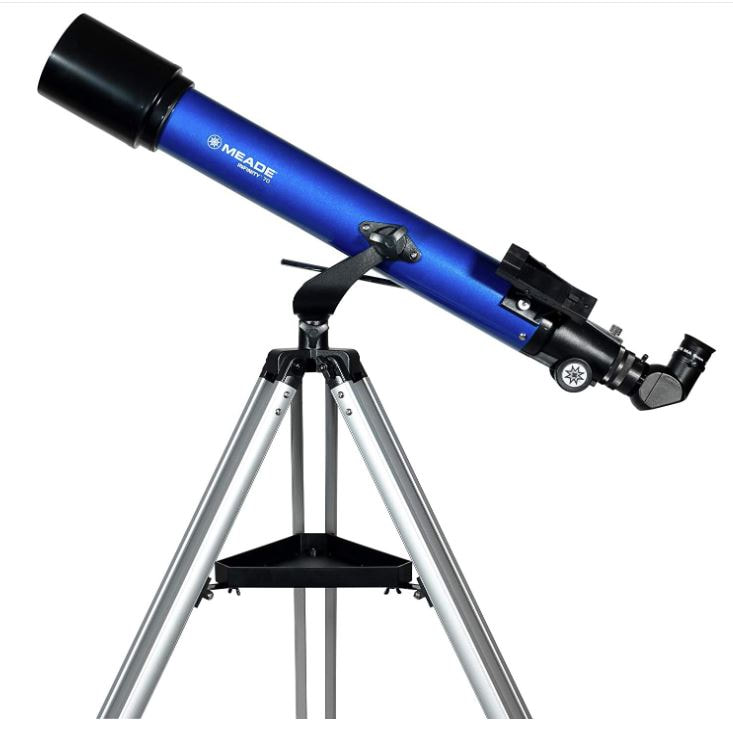 Meade Instruments – Infinity 70mm Aperture, Portable Refracting Astronomy Telescope for Kids & Beginners. Meade Infinity 70 Altazimuth Refractor Telescope comes complete with everything you need to view the wonders of the night sky the first time out. 70mm (2.8") Refracting Telescope delivers bright and detailed images that is perfect for viewing both land and celestial objects. Features an altazimuth mount with slow motion control rod for tracking celestial objects as they move across the night sky. Comes with 2 eyepieces that provide low and high powered magnification for viewing a wide range of objects (Moon, planets, or land). Bonus Autostar Suite Astronomy planetarium DVD with over 10,000 celestial objects. Replacement value: $140